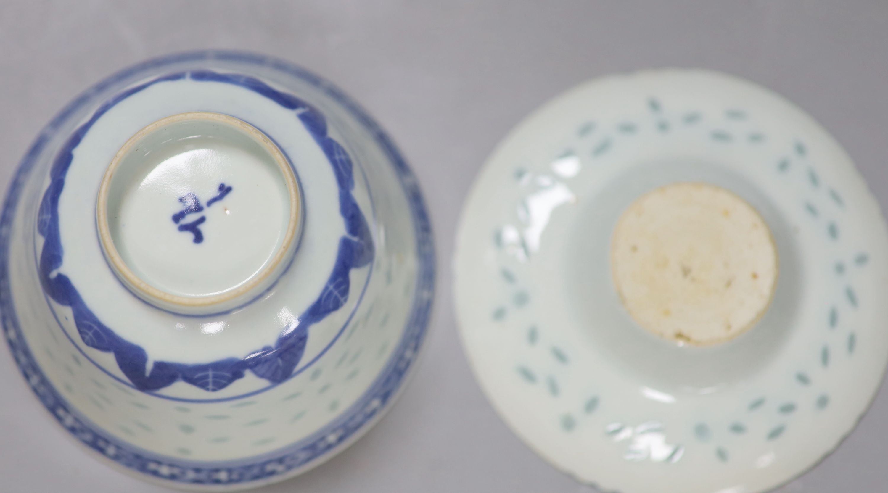 A group of Chinese blue and white wares, including a Chinese blue and white dish, a similar pedestal dish and a tea bowl and saucer, to